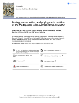 Ecology, Conservation, and Phylogenetic Position of the Madagascar Jacana Actophilornis Albinucha
