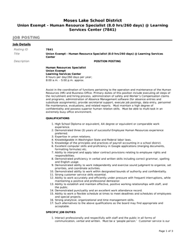 Moses Lake School District Union Exempt - Human Resource Specialist (8.0 Hrs/260 Days) @ Learning Services Center (7841)