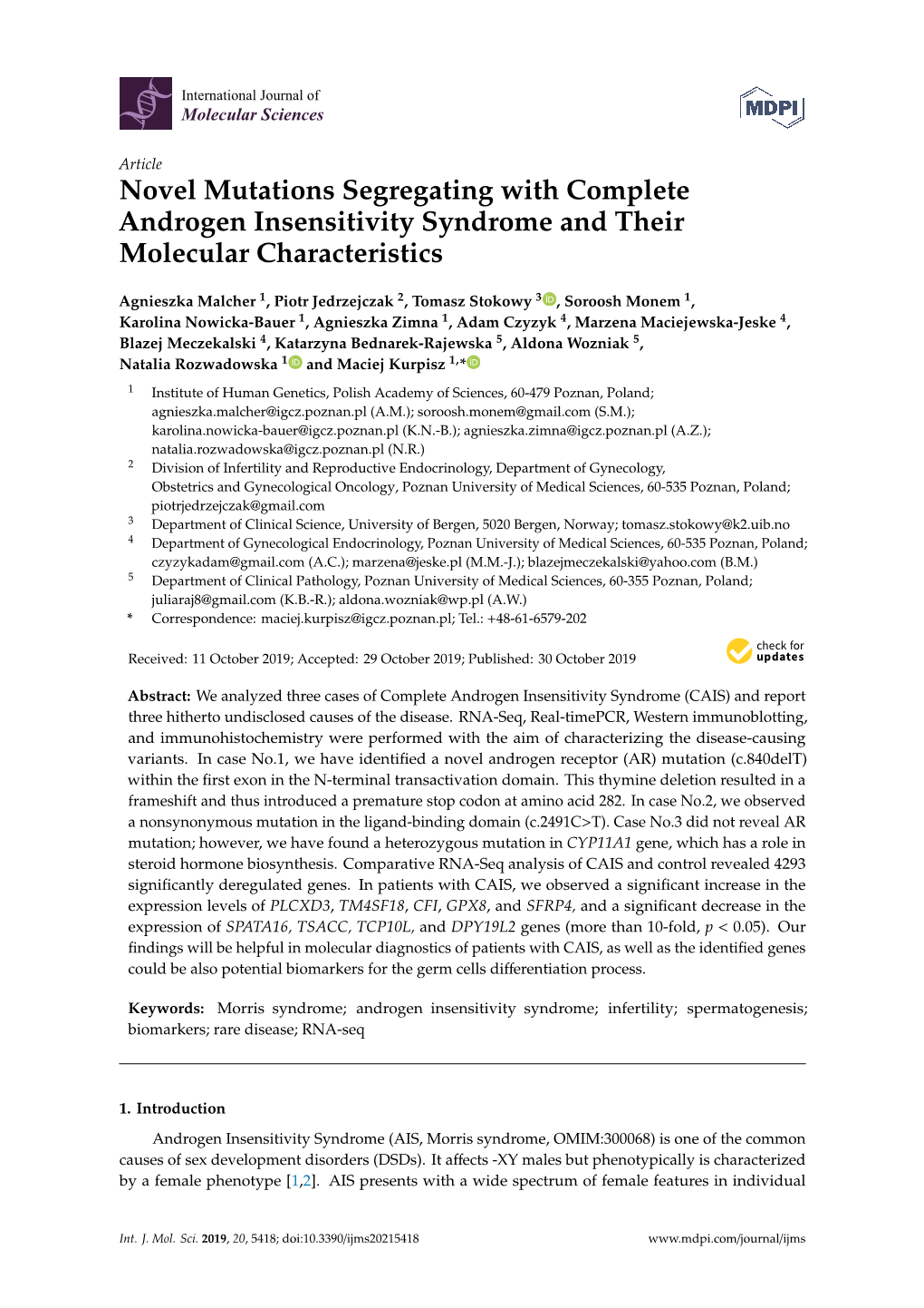 Novel Mutations Segregating with Complete Androgen Insensitivity Syndrome and Their Molecular Characteristics