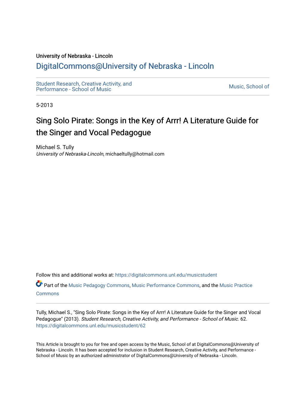 Sing Solo Pirate: Songs in the Key of Arrr! a Literature Guide for the Singer and Vocal Pedagogue