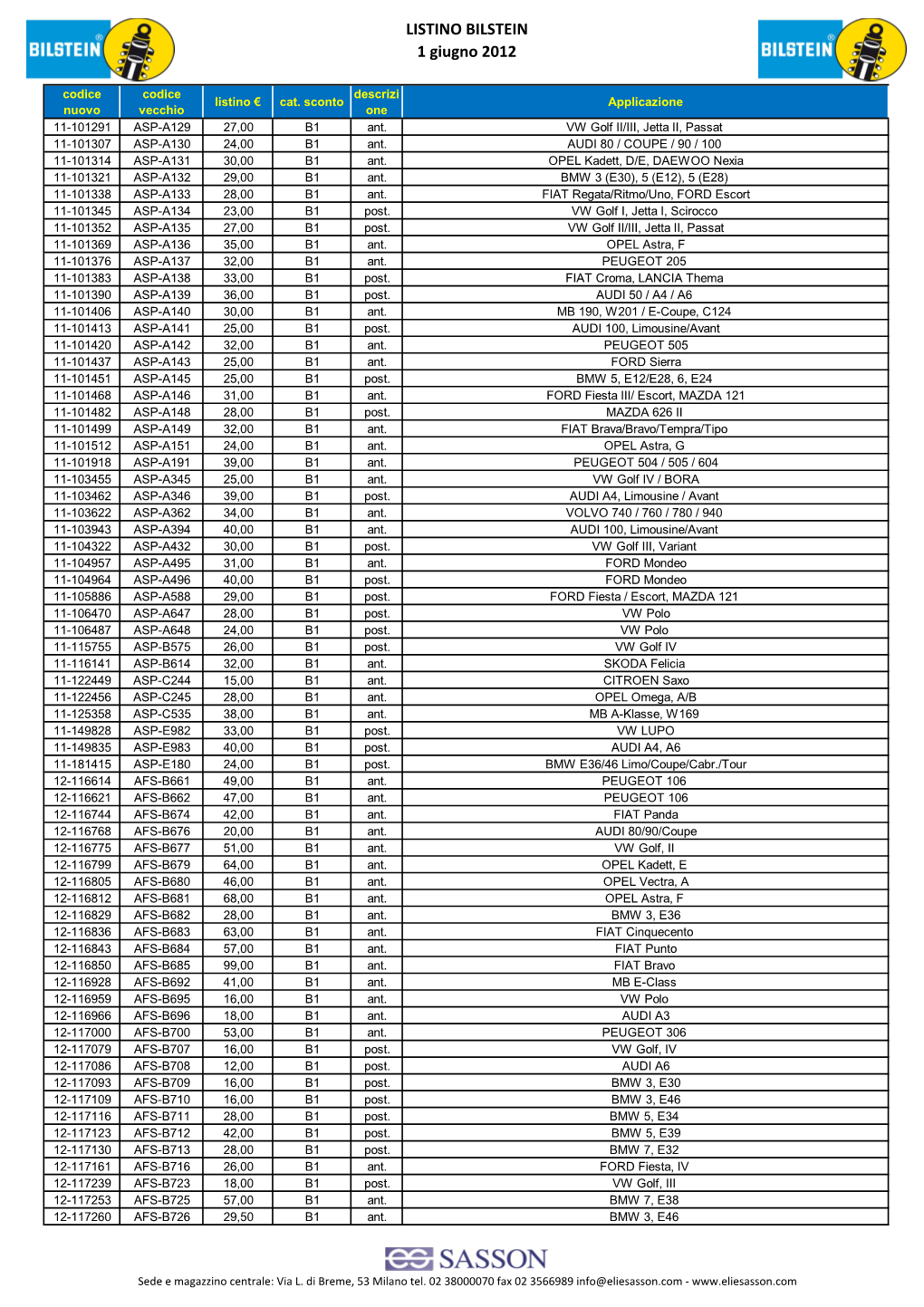 LISTINO BILSTEIN 1 Giugno 2012