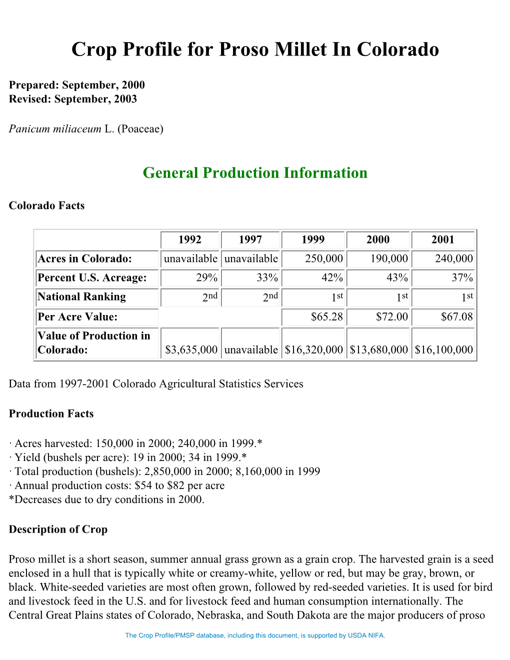 Crop Profile for Proso Millet in Colorado