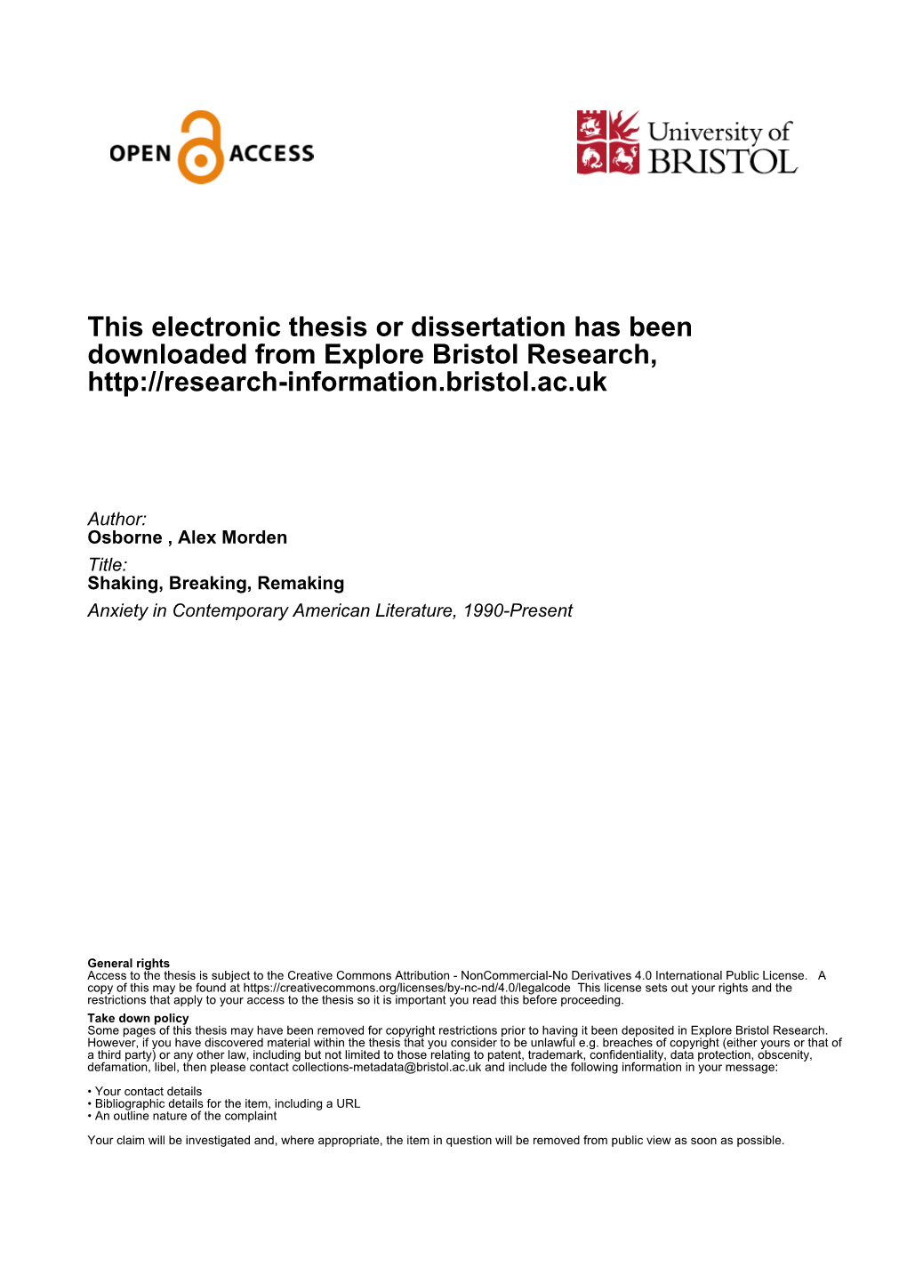 This Electronic Thesis Or Dissertation Has Been Downloaded from Explore Bristol Research