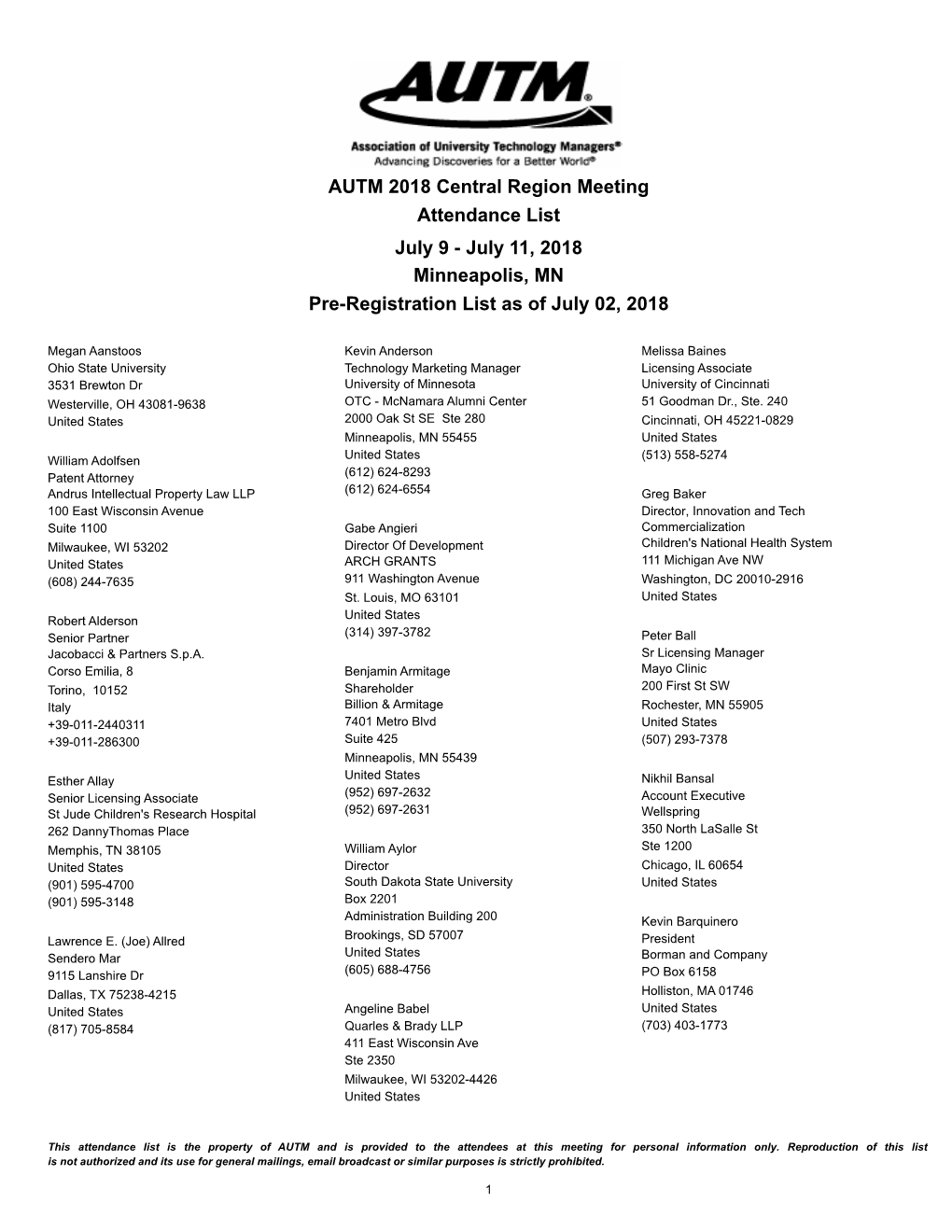 AUTM 2018 Central Region Meeting Pre-Registration List As of July 02