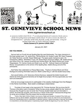 St. Genevieve Catholic School (Pre-K – 7Th), an Educational Ministry of St. Genevieve Parish, Exists to Further the Teaching Mission of the Roman Catholic Church
