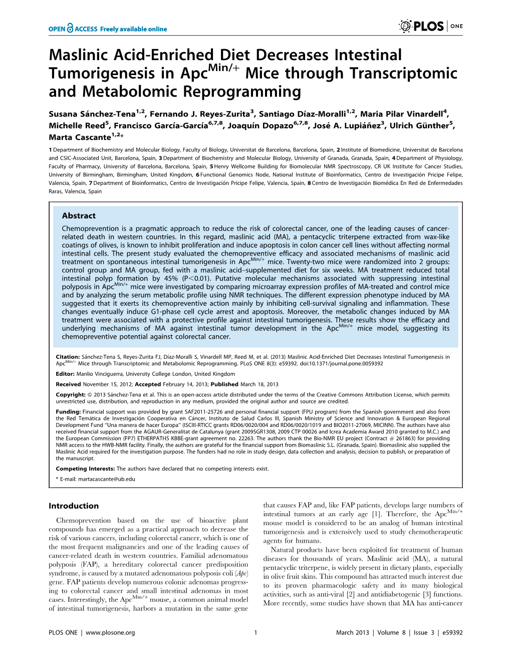 Maslinic Acid-Enriched Diet Decreases Intestinal Tumorigenesis in Apcmin/+ Mice Through Transcriptomic and Metabolomic Reprogramming