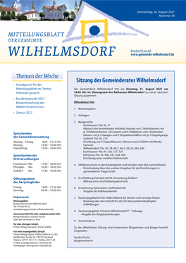 Sitzung Des Gemeinderates Wilhelmsdorf • Austräger/In Für Das Mitteilungsblatt Im Ortsteil Der Gemeinderat Wilhelmsdorf Tritt Am Dienstag, 31