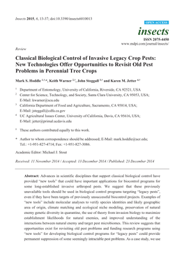 Classical Biological Control of Invasive Legacy Crop Pests: New Technologies Offer Opportunities to Revisit Old Pest Problems in Perennial Tree Crops