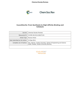 Cucurbiturils: from Synthesis to High-Affinity Binding and Catalysis