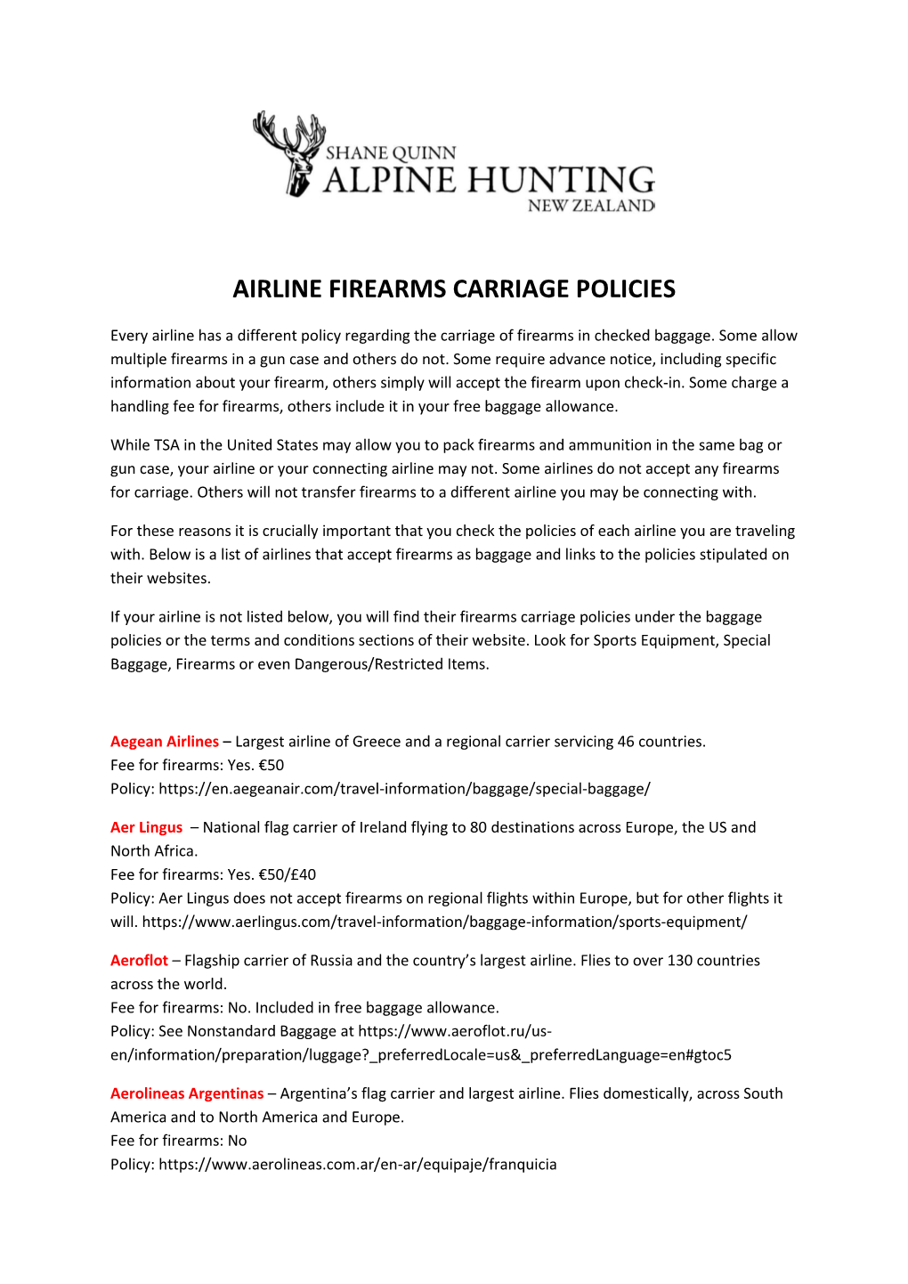 Airline Firearms Carriage Policies