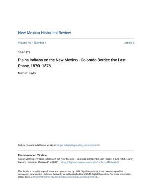 Plains Indians on the New Mexico - Colorado Border: the Last Phase, 1870 -1876