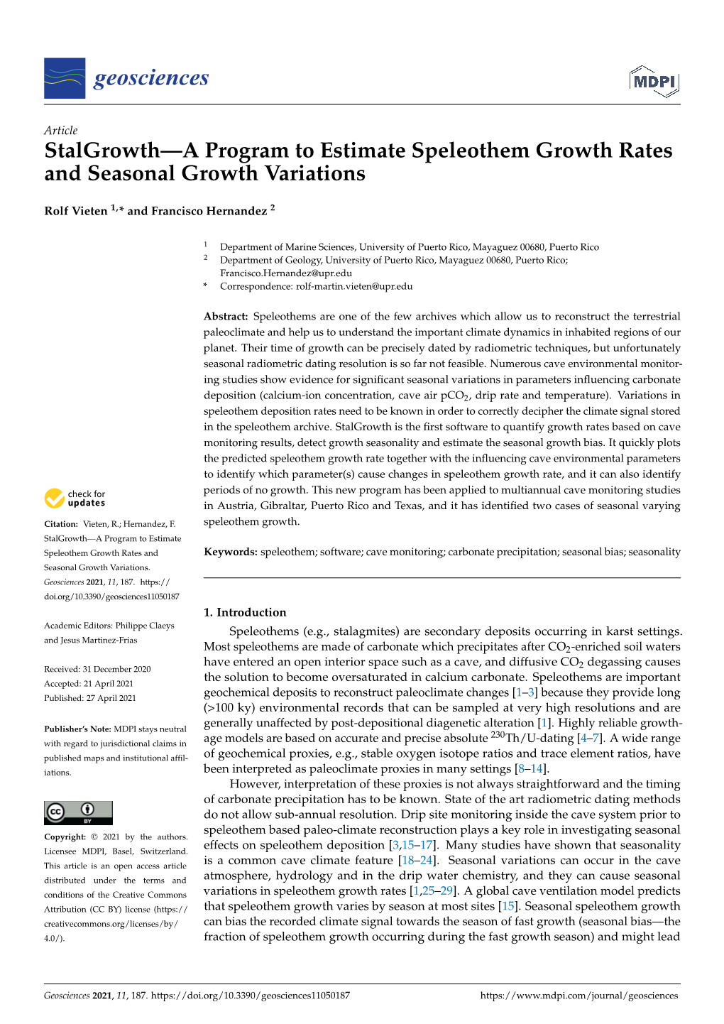 Stalgrowth—A Program to Estimate Speleothem Growth Rates and Seasonal Growth Variations