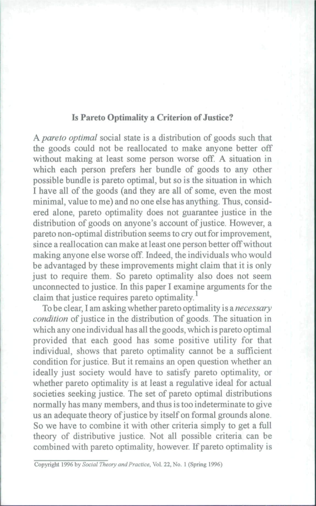 Is Pareto Optimality a Criterion of Justice?