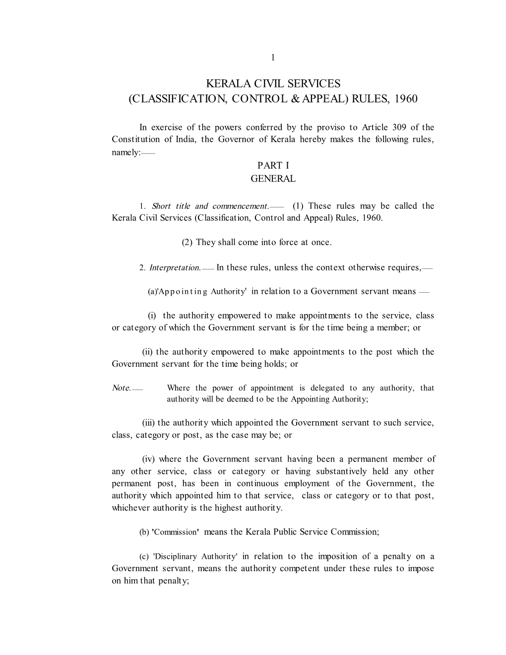 Kerala Civil Services (Classification, Control & Appeal) Rules, 1960