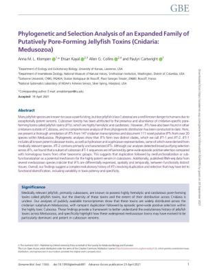 Phylogenetic and Selection Analysis of an Expanded Family of Putatively Pore-Forming Jellyﬁsh Toxins (Cnidaria: Medusozoa)
