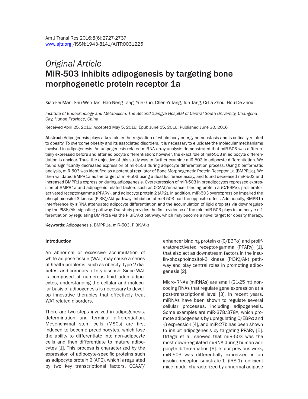 Original Article Mir-503 Inhibits Adipogenesis by Targeting Bone Morphogenetic Protein Receptor 1A