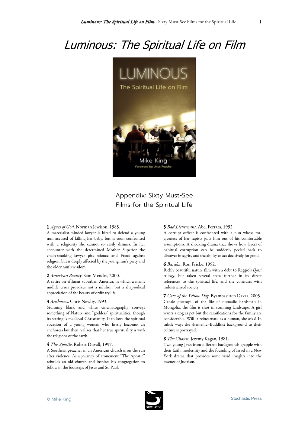 Luminous: the Spiritual Life on Film - Sixty Must-See Films for the Spiritual Life 1