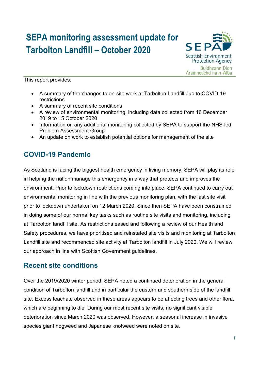 SEPA Monitoring Assessment Update for Tarbolton Landfill – October 2020