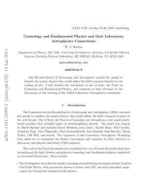 Cosmology and Fundamental Physics and Their Laboratory Astrophysics Connections W