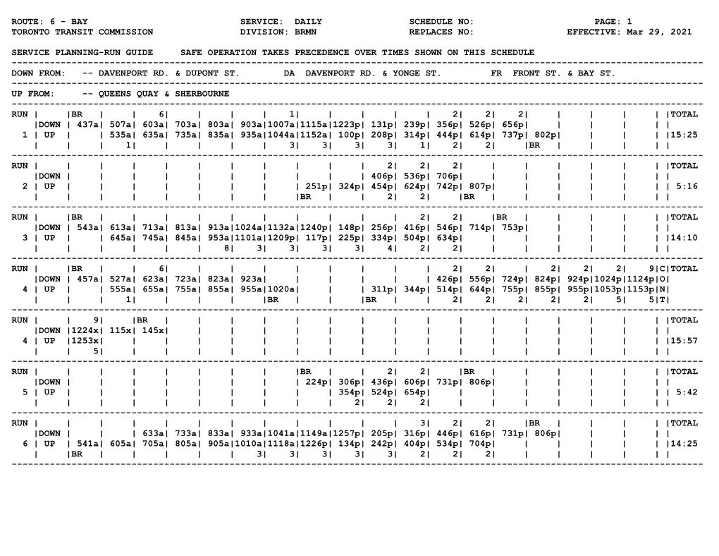 ROUTE: 6 - BAY SERVICE: DAILY SCHEDULE NO: PAGE: 1 TORONTO TRANSIT COMMISSION DIVISION: BRMN REPLACES NO: EFFECTIVE: Mar 29, 2021