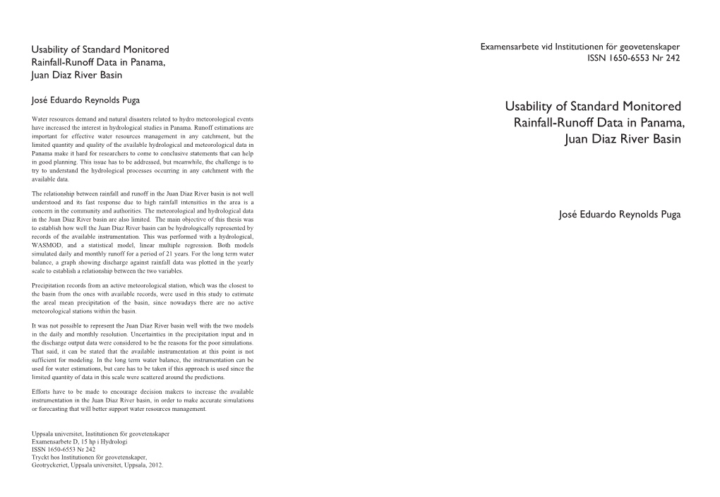 Usability of Standard Monitored Rainfall-Runoff Data in Panama, ISSN 1650-6553 Nr 242 Juan Diaz River Basin