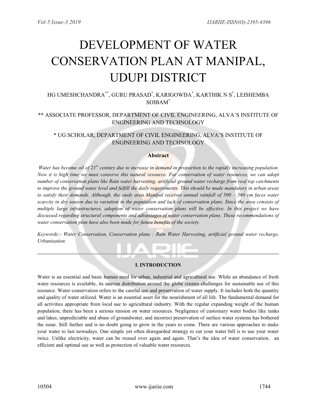 Development of Water Conservation Plan at Manipal, Udupi District