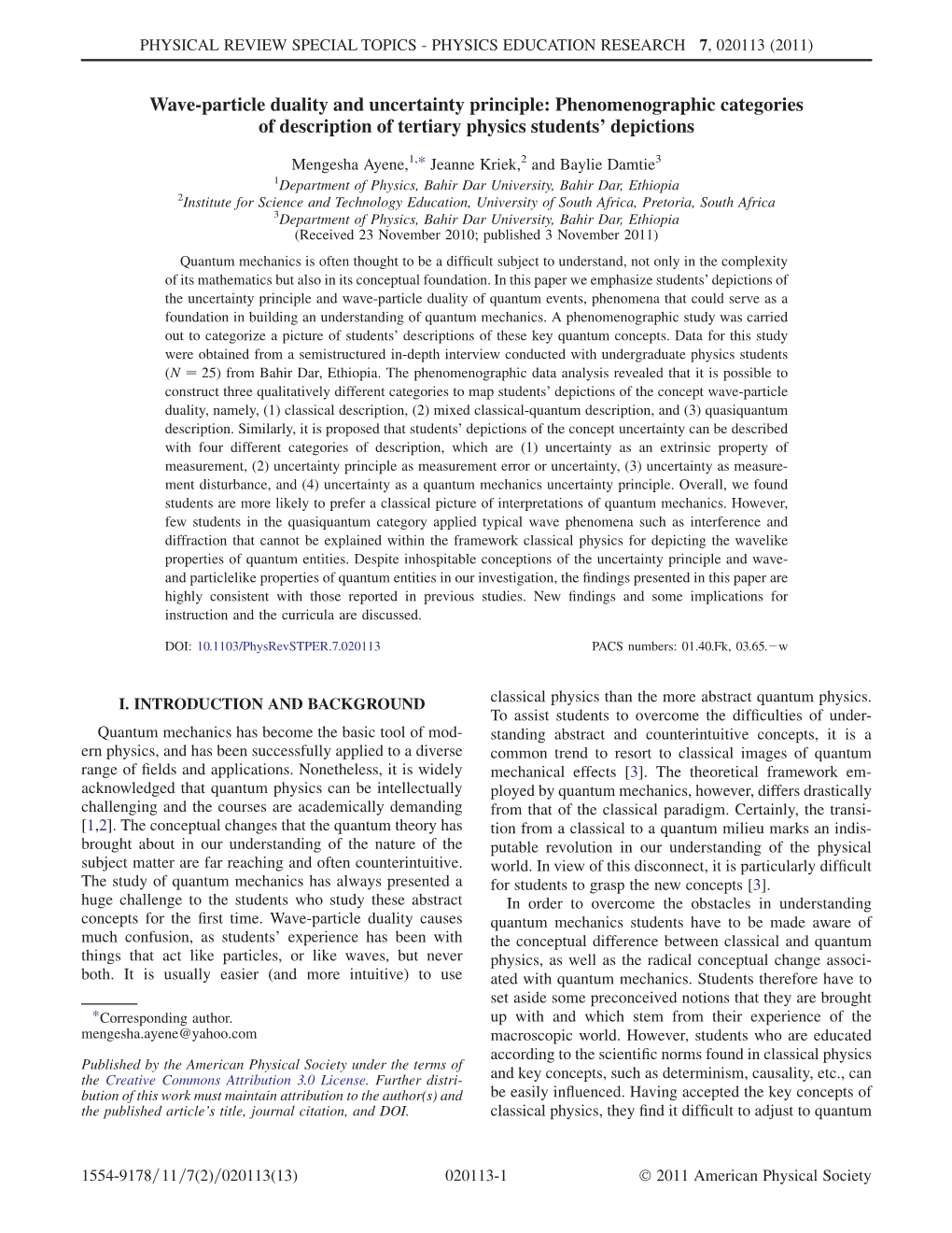 Wave-Particle Duality and Uncertainty Principle: Phenomenographic Categories of Description of Tertiary Physics Students’ Depictions