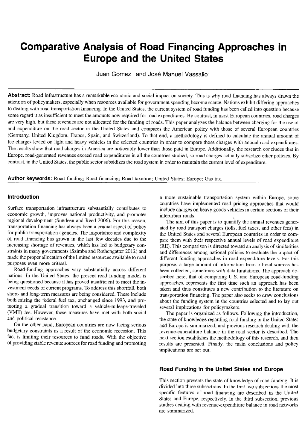 Comparative Analysis of Road Financing Approaches in Europe and the United States