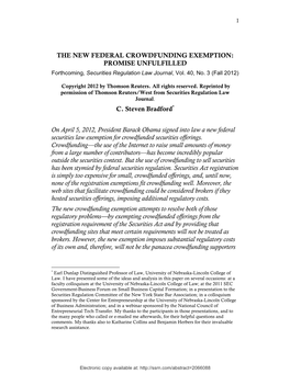 THE NEW FEDERAL CROWDFUNDING EXEMPTION: PROMISE UNFULFILLED Forthcoming, Securities Regulation Law Journal, Vol