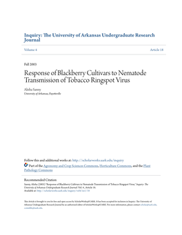 Response of Blackberry Cultivars to Nematode Transmission of Tobacco Ringspot Virus Alisha Sanny University of Arkansas, Fayetteville