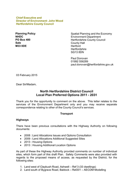 North Hertfordshire District Council Local Plan Preferred Options 2011 - 2031