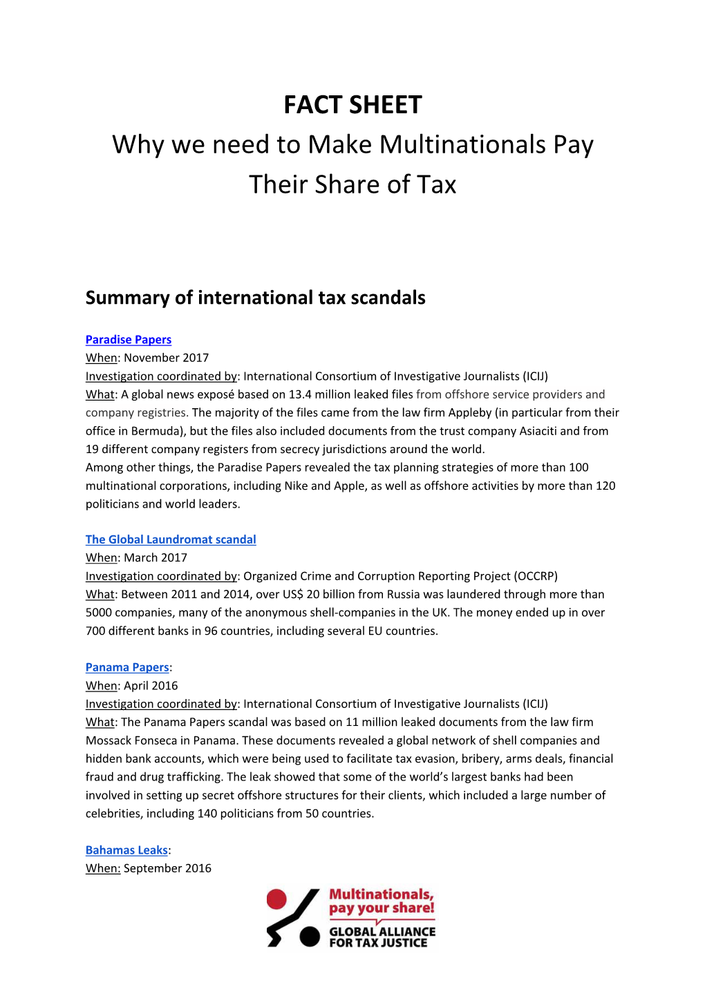 FACT SHEET Why We Need to Make Multinationals Pay Their Share Of