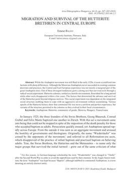Migration and Survival of the Hutterite Brethren in Central Europe