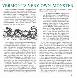 VERMONT's VERY OWN MONSTER No Story About Lake Champlain Is Complete Without Long with a Head Like a Horse