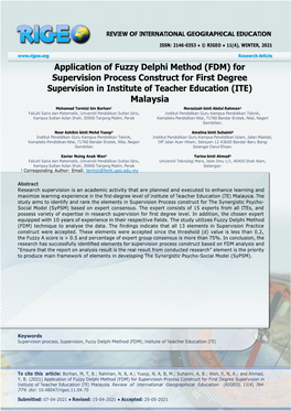 Application of Fuzzy Delphi Method (FDM) for Supervision Process Construct for First Degree Supervision in Institute of Teacher Education (ITE) Malaysia