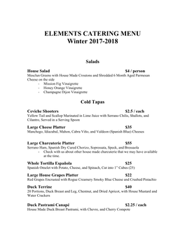 ELEMENTS CATERING MENU Winter 2017-2018