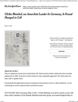 Ulrike Meinhof, an Anarchist Leader in Germany, Is Found Hanged in Ce