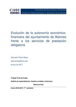 Evolución De La Autonomía Económico-Financiera Del Ayuntamiento De Balones Frente a Los Servicios De Prestación Obligatoria
