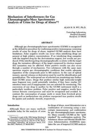 Mechanism of Interferences for Gas Chromatography/Mass Spectrometry Analysis of Urine for Drugs of Abuse*F