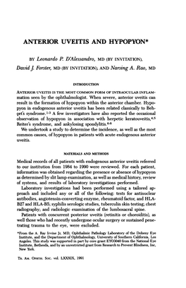 Anterior Uveitis and Hypopyon*