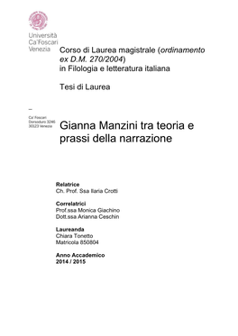 Gianna Manzini Tra Teoria E Prassi Della Narrazione