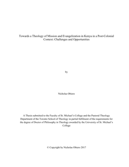 Towards a Theology of Mission and Evangelization in Kenya in a Post-Colonial Context: Challenges and Opportunities