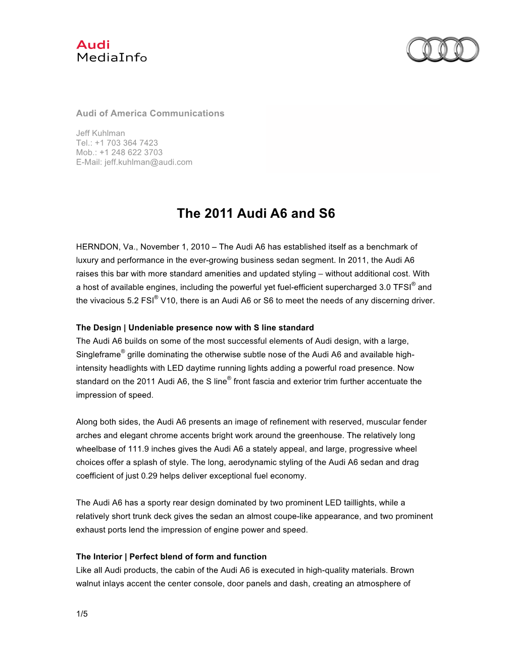 2011 Audi A6/S6 Media Information