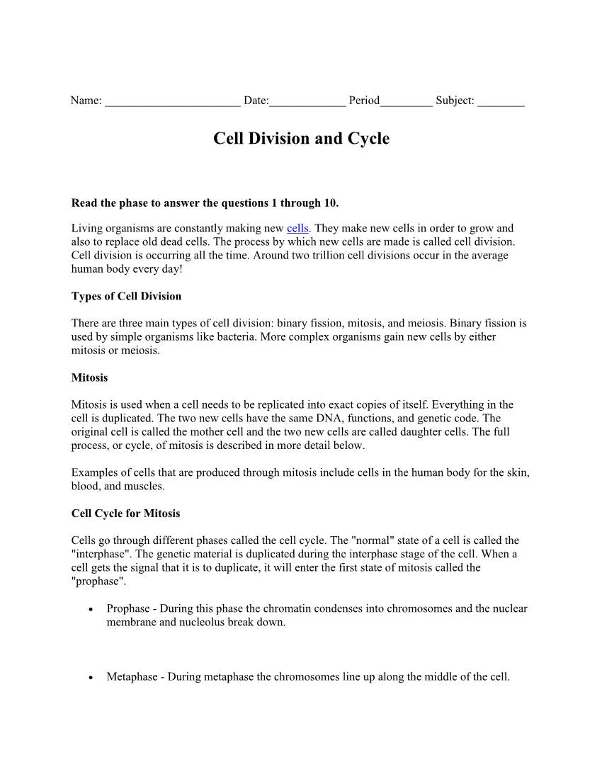 Cell Division and Cycle