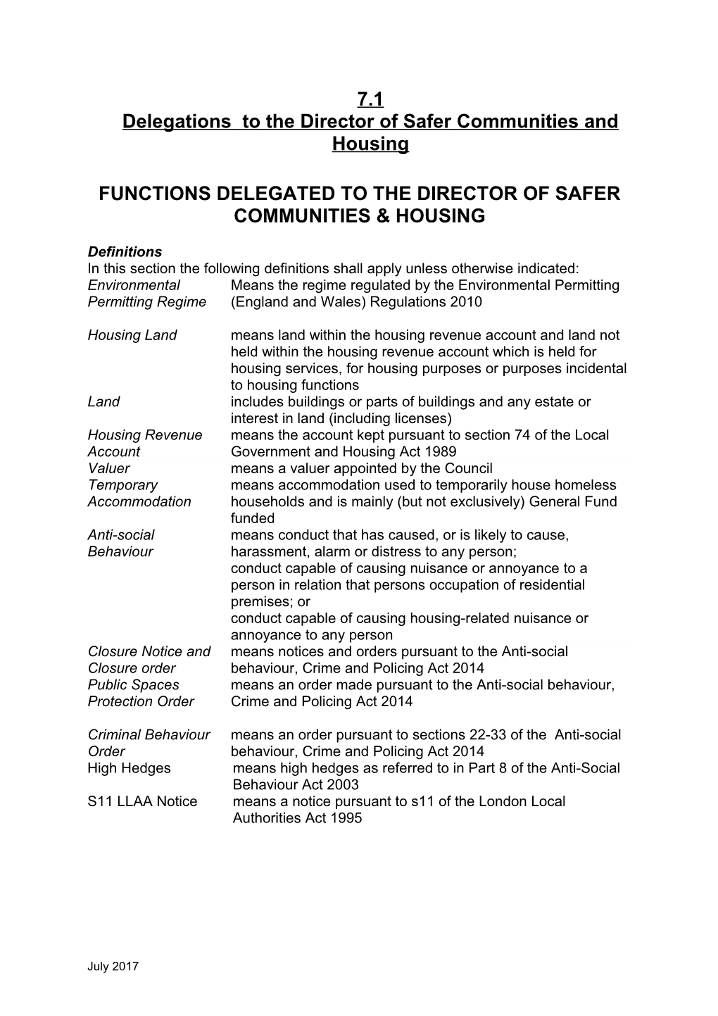 Delegations to the Director of Safer Communities and Housing