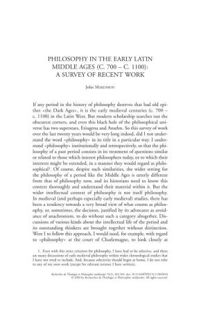 Philosophy in the Early Latin Middle Ages (C. 700 – C. 1100): a Survey of Recent Work