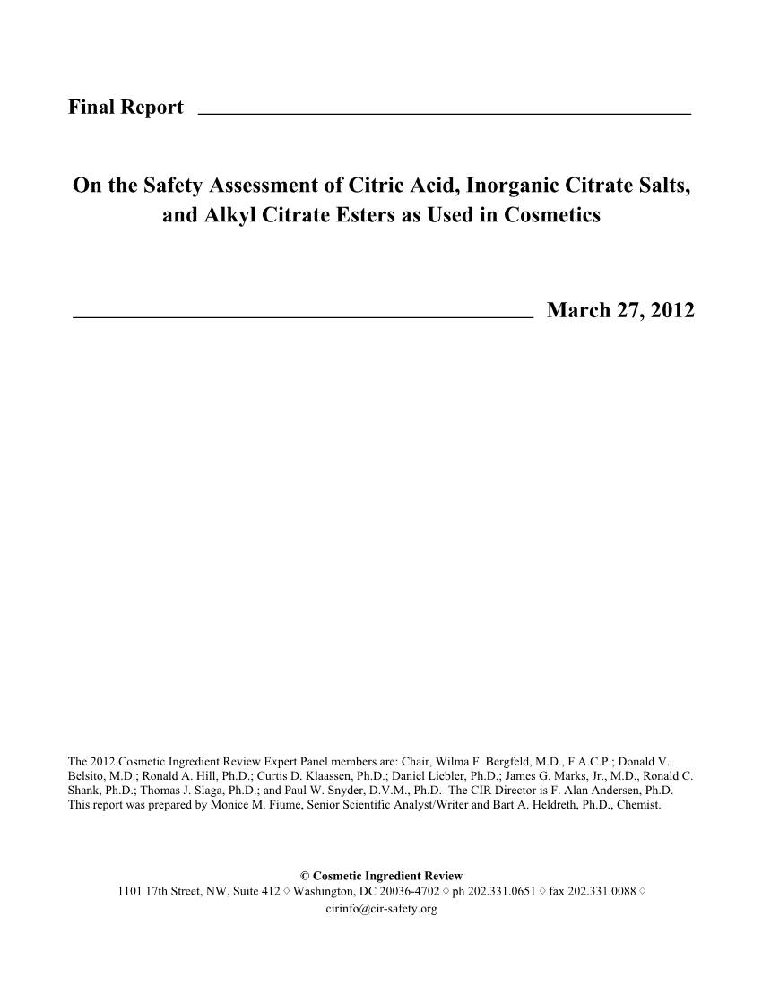 On the Safety Assessment of Citric Acid, Inorganic Citrate Salts, and Alkyl Citrate Esters As Used in Cosmetics