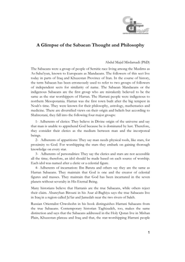 A Glimpse of the Sabaean Thought and Philosophy