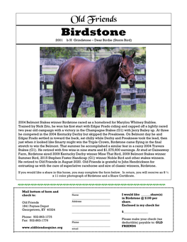 Share Sheet Info-Click Here. Donate to Sponsor Birdstone