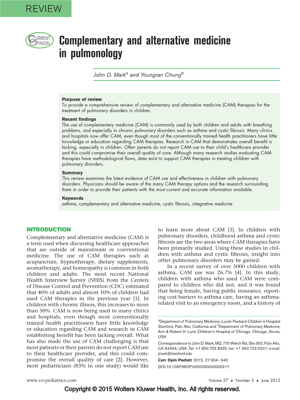 Complementary and Alternative Medicine in Pulmonology